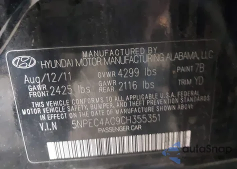 2012 Hyundai Sonata Limited z USA, uszkodzony, nr VIN 5NPEC4AC9CH355351